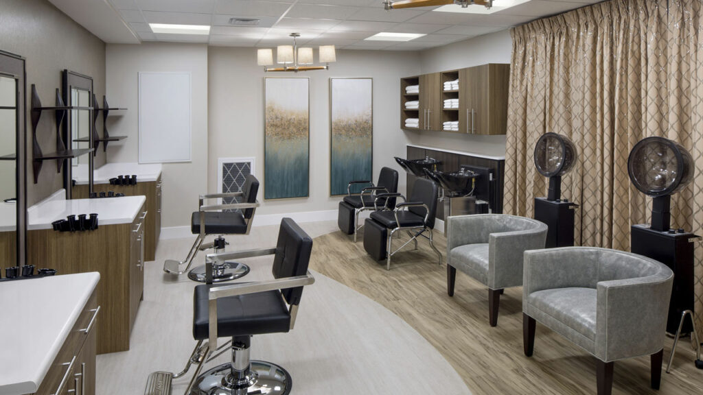 Spa and salon area with styling chairs and mirrors