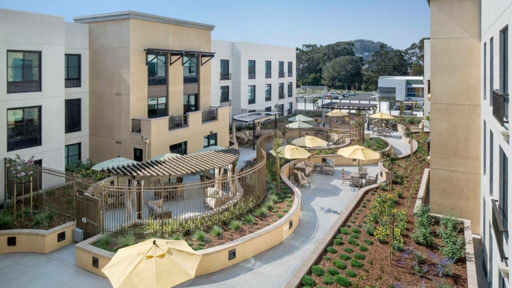 Aerial view of an outdoor garden area with seating