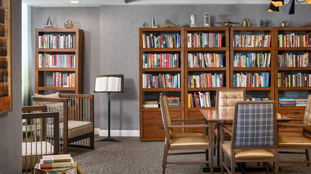 Interior reading area with bookshelves and seating