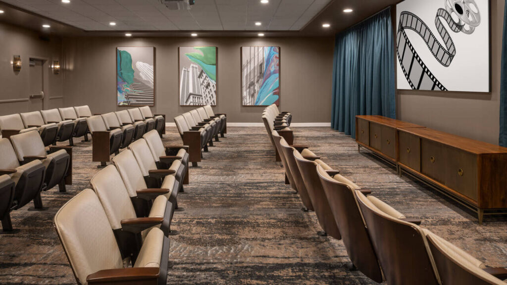 Interior view of a movie theater with seating