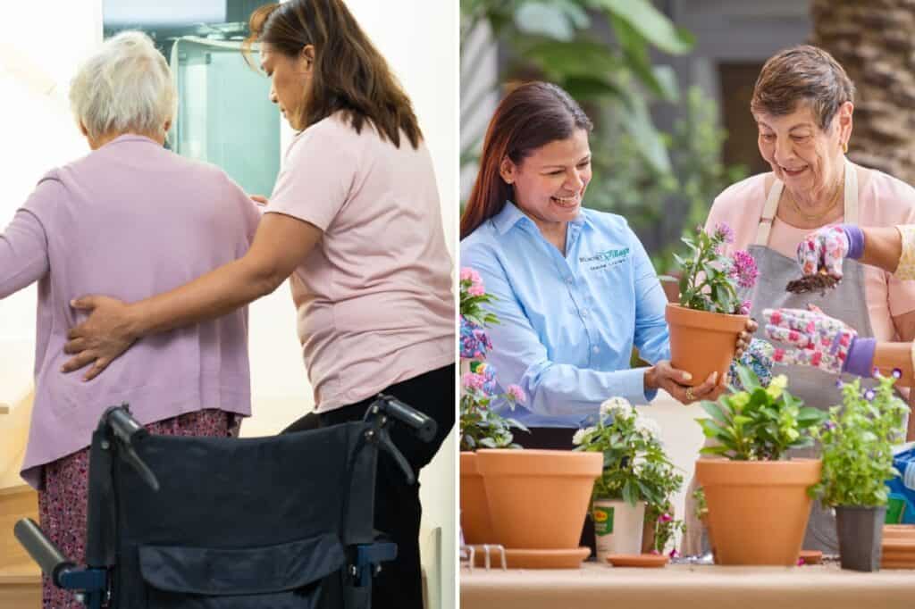 Care staff assisting residents with gardening activities