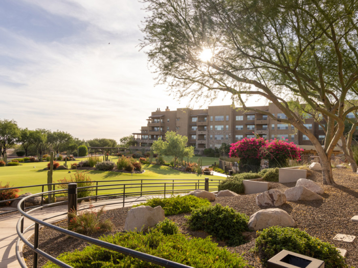 Beautiful landscaped outdoor area of a senior living facility