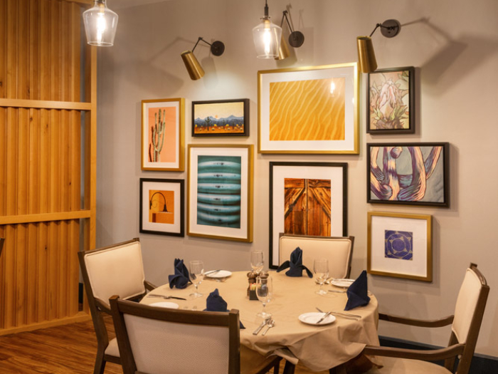 Interior dining room with artwork on the walls