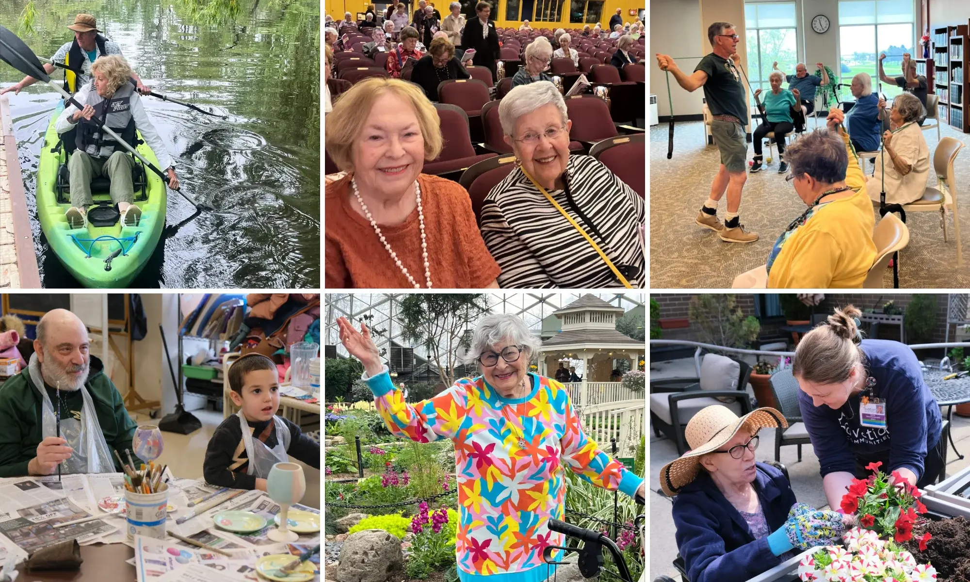 Residents participating in various activities and enjoying outdoors