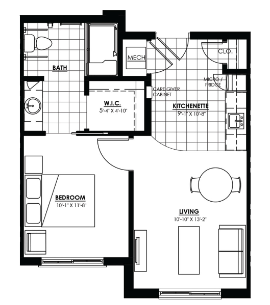 Architectural floor plan of a resident unit