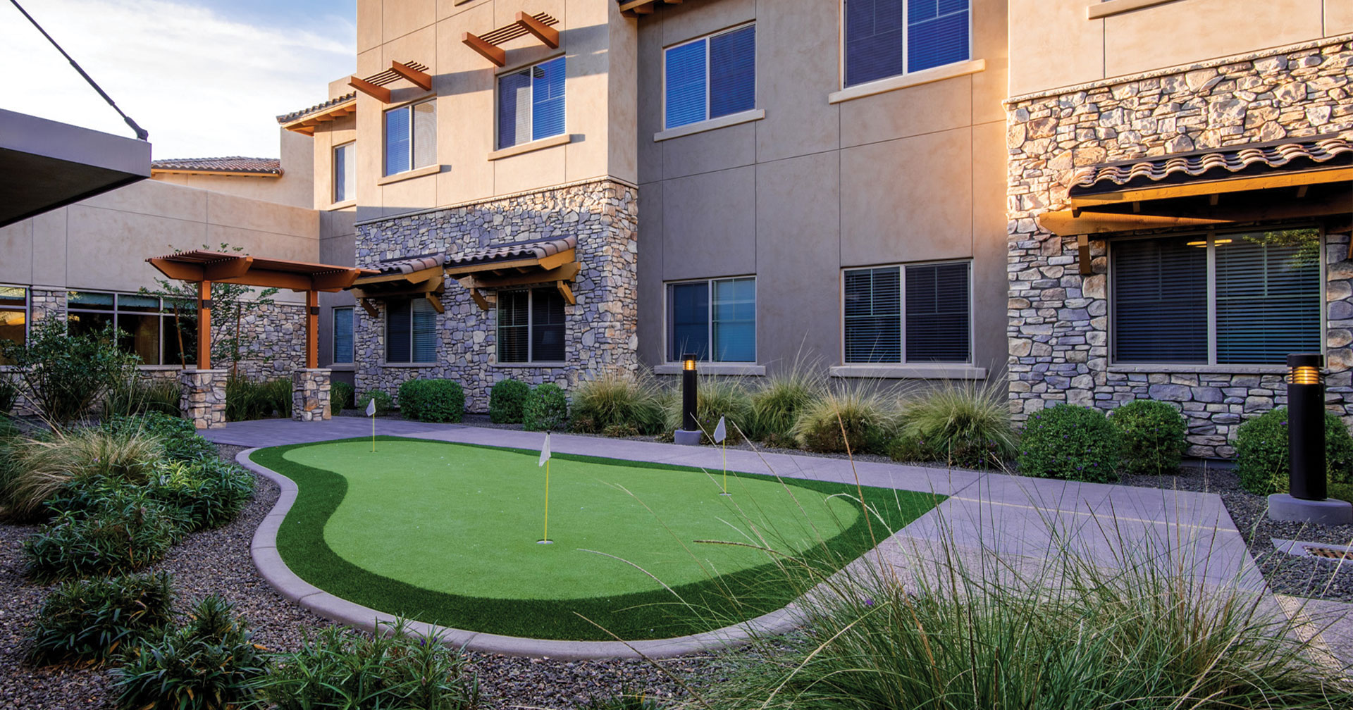 Mini-golf area in a well-maintained garden