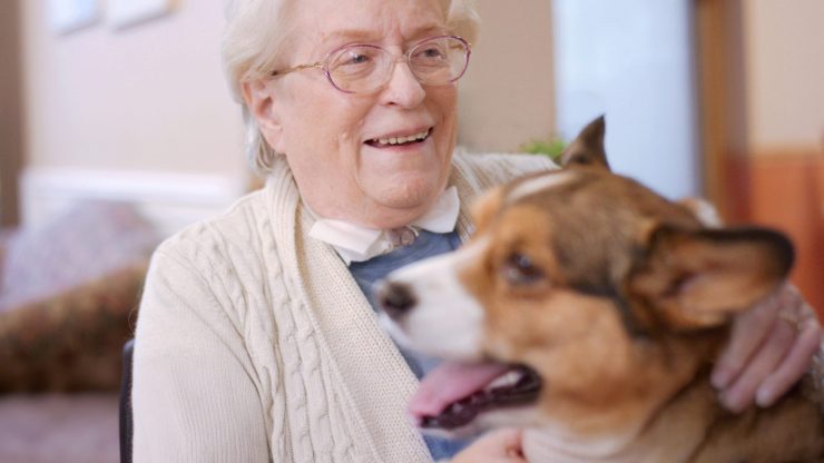 Senior woman smiling with a dog in her lap.