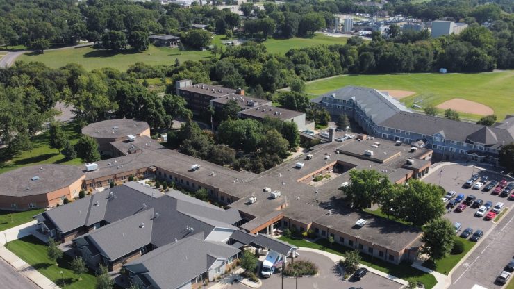 Aerial view of the assisted living facility and grounds.