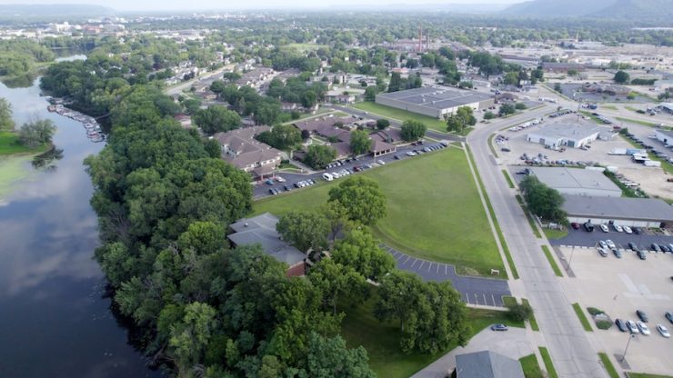 Aerial view of the assisted living facility and surroundings.
