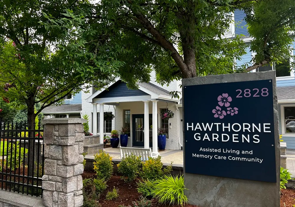 Entrance of Hawthorne Gardens with landscaping.