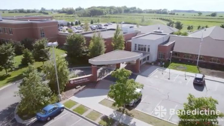 Aerial view of the facility's entrance and landscaping.