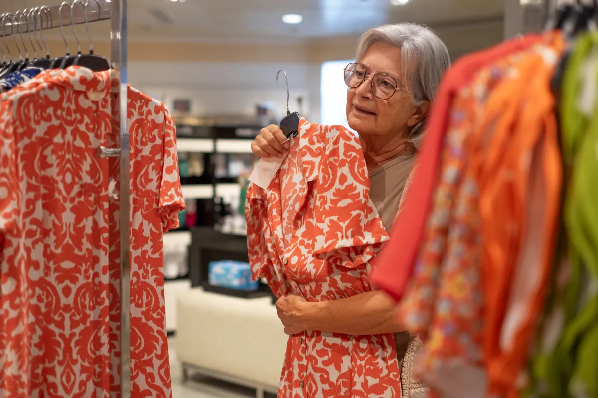 Senior woman shopping for clothes in a store.