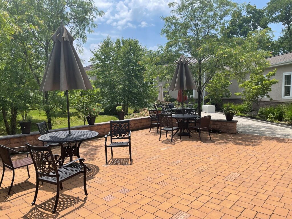 Outdoor patio with tables and umbrellas