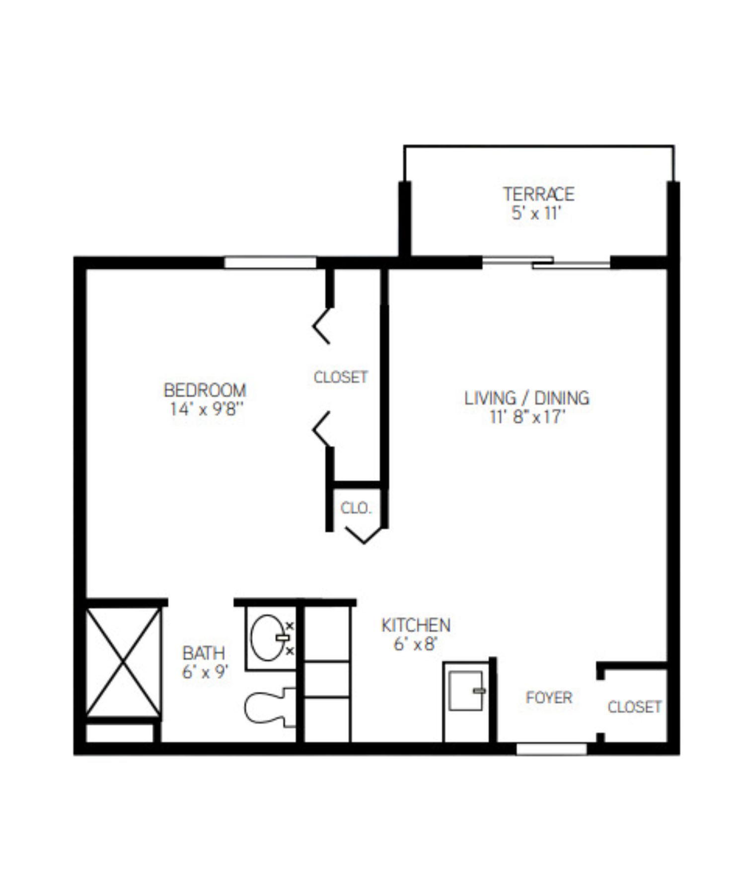Architectural floor plan of a resident unit