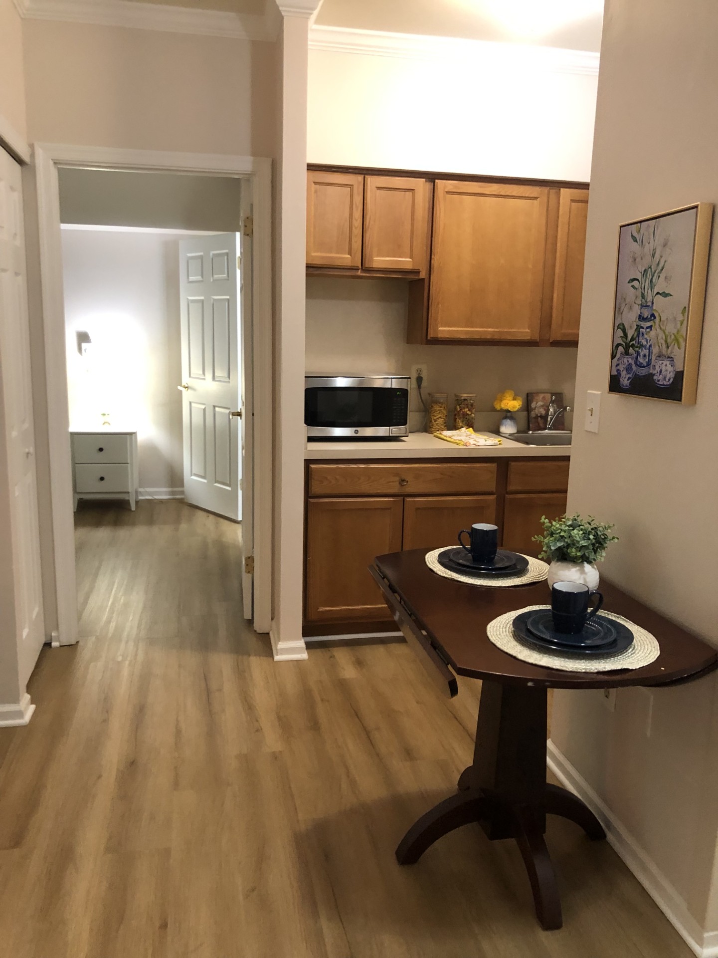Interior view of a cozy apartment kitchenette