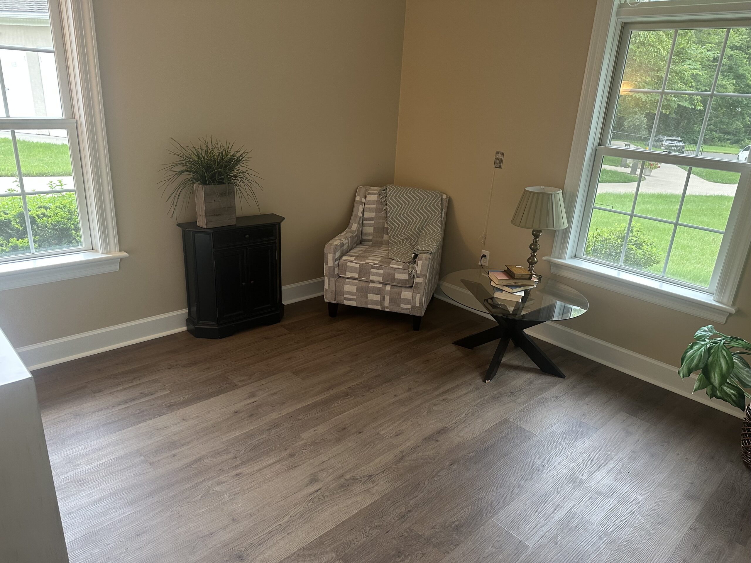 Bright interior room with a chair and table