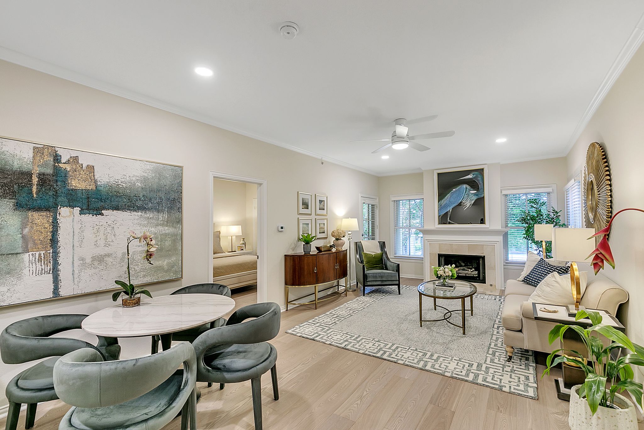 Bright interior common area with seating and decor