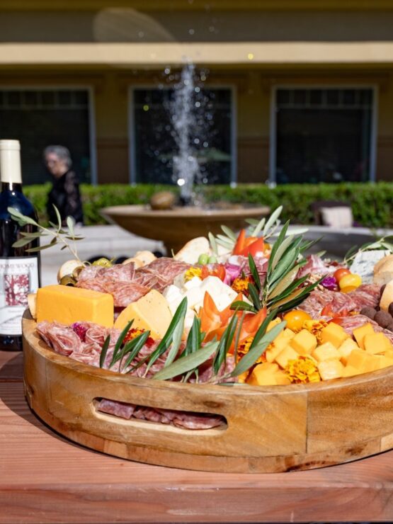 A beautifully arranged charcuterie platter outdoors
