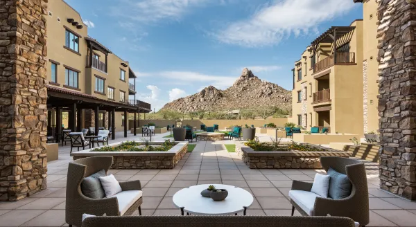 Outdoor patio area with mountain view