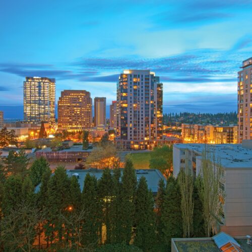 Aerial view of a cityscape during twilight