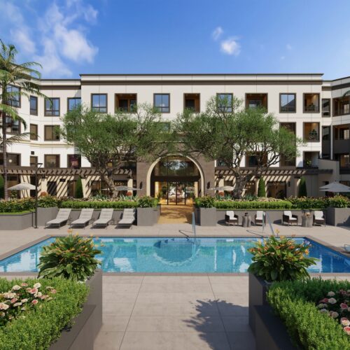 Outdoor view of a facility with a pool and gardens