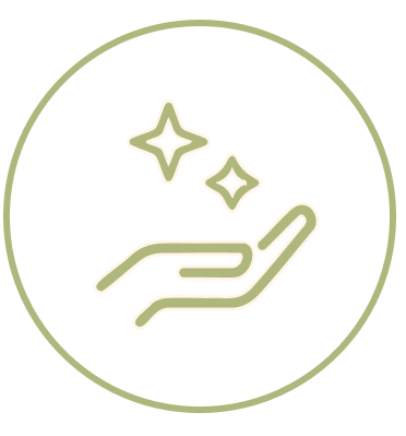 Graphic icon of a hand with sparkling stars