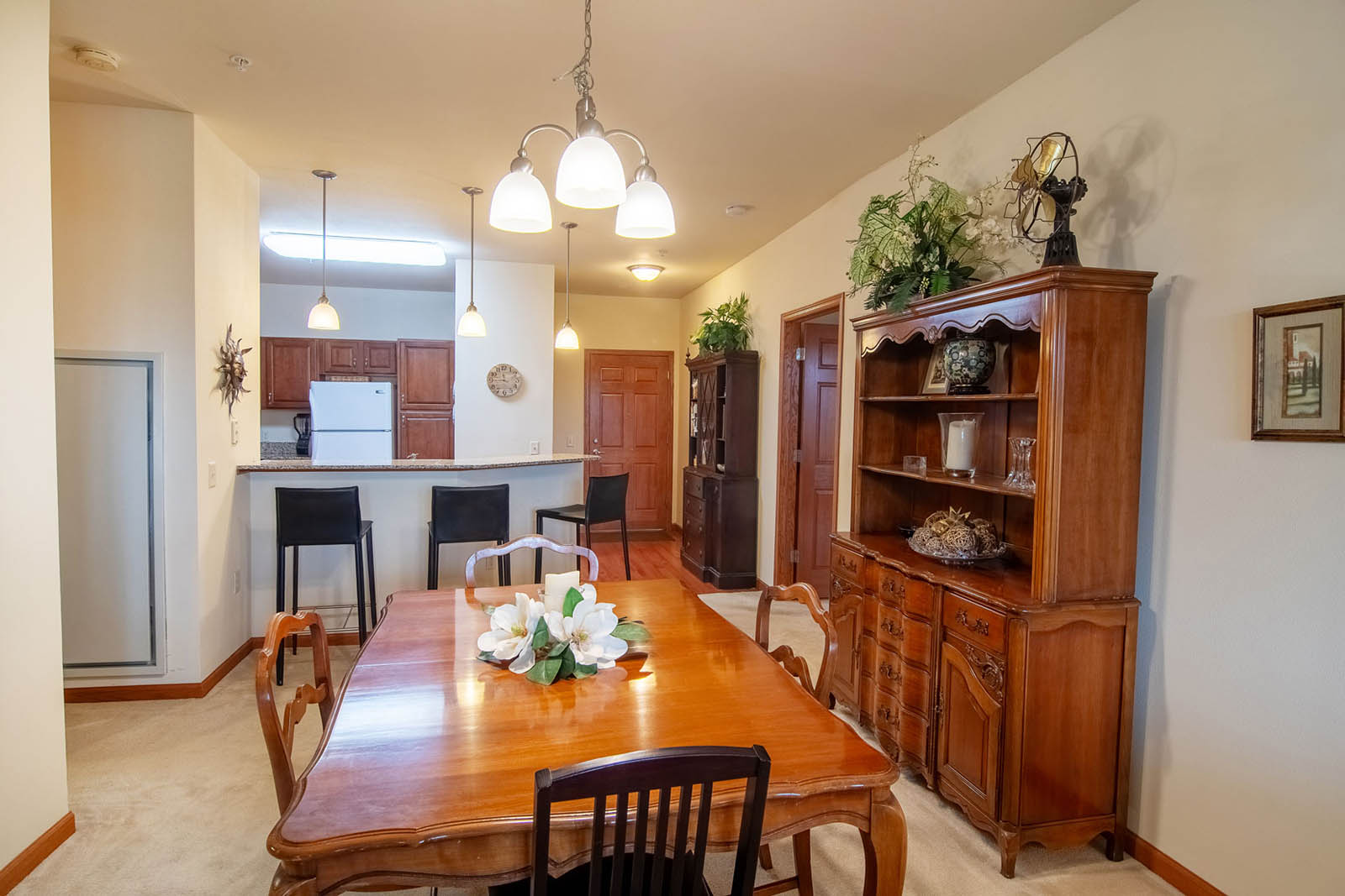Interior view of a dining area with wooden furniture