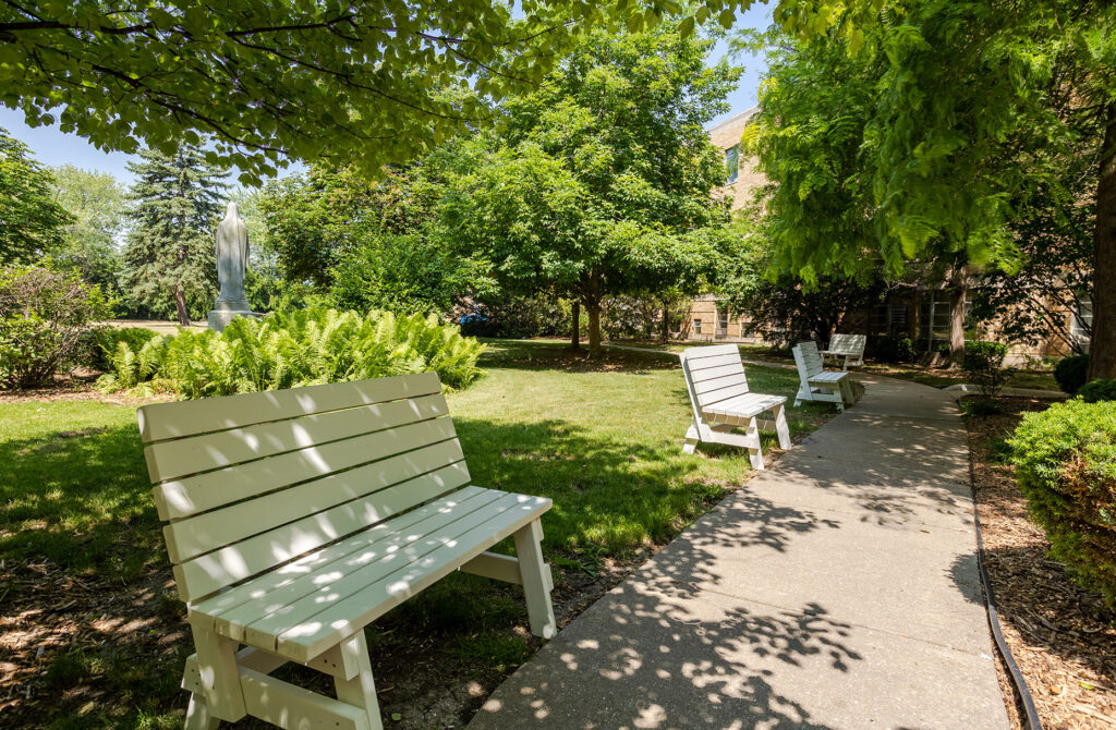 Shady outdoor seating area with benches and greenery