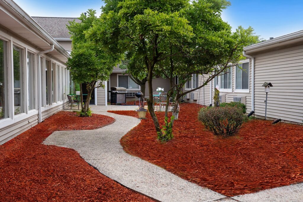 Outdoor garden path surrounded by landscaping