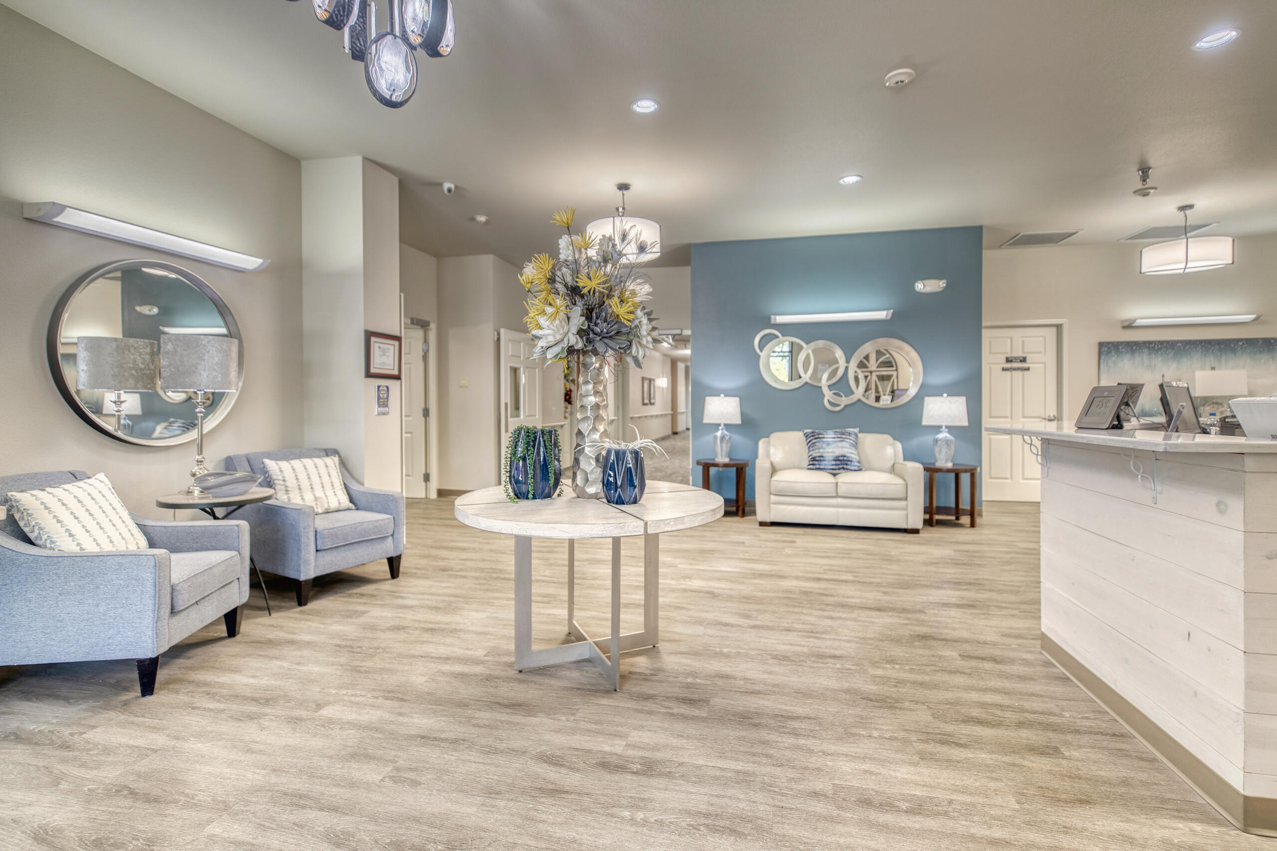 Bright interior lobby with seating and decor