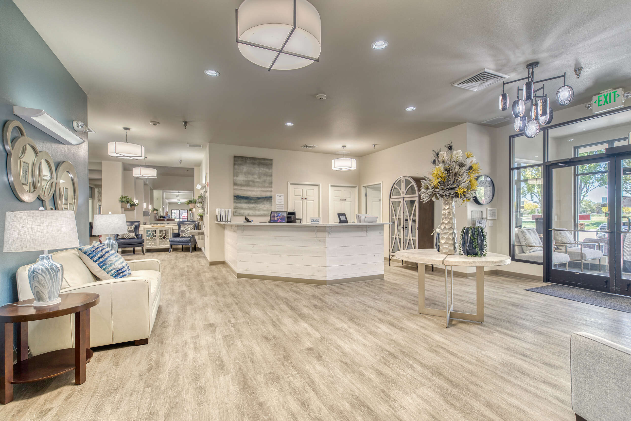 Bright and welcoming lobby area of a senior living facility