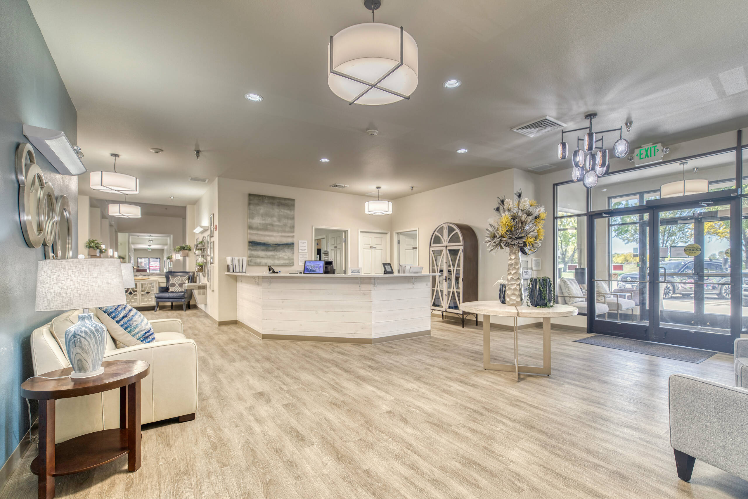 Bright and welcoming interior lobby of assisted living facility