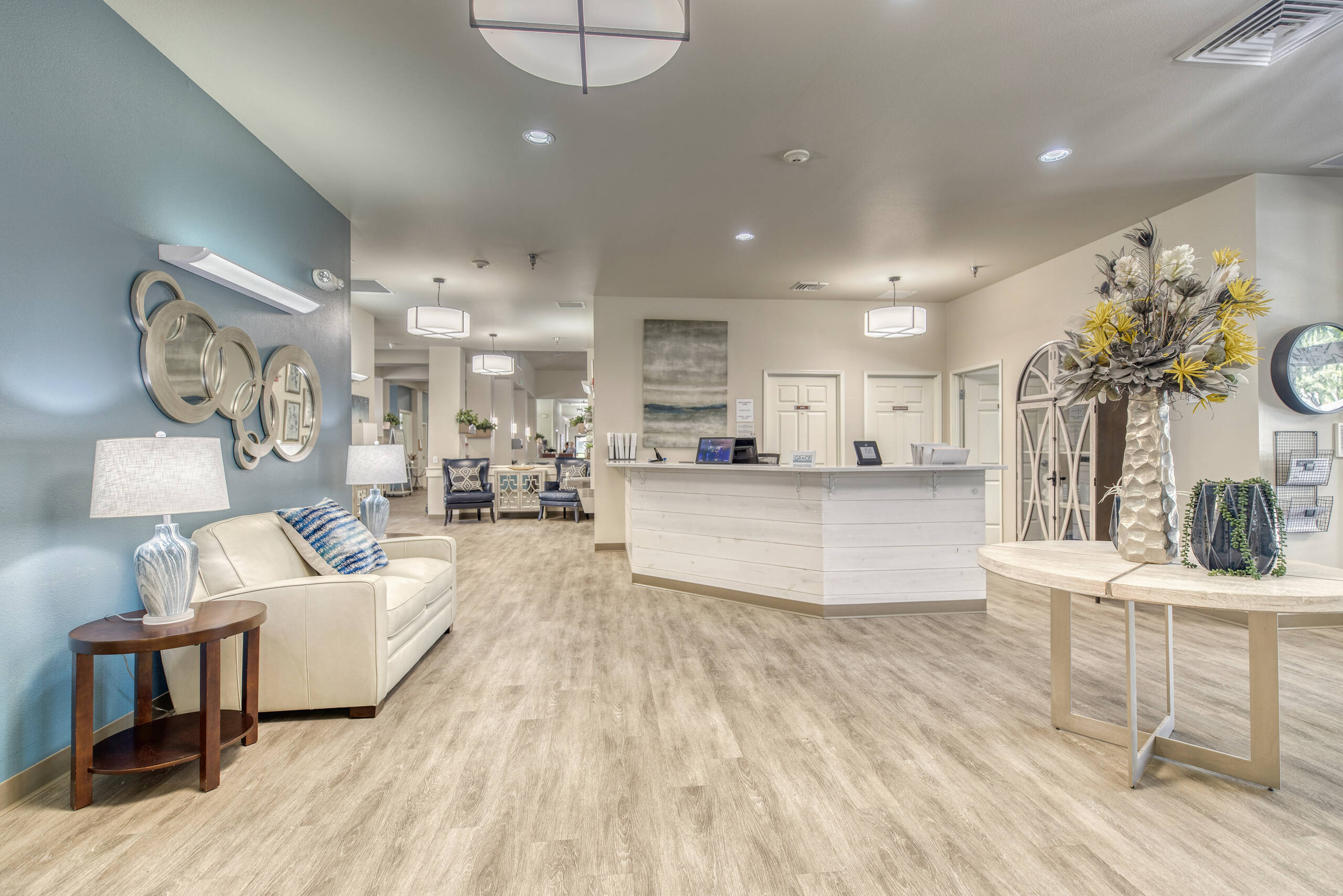 Interior view of a modern senior living lobby
