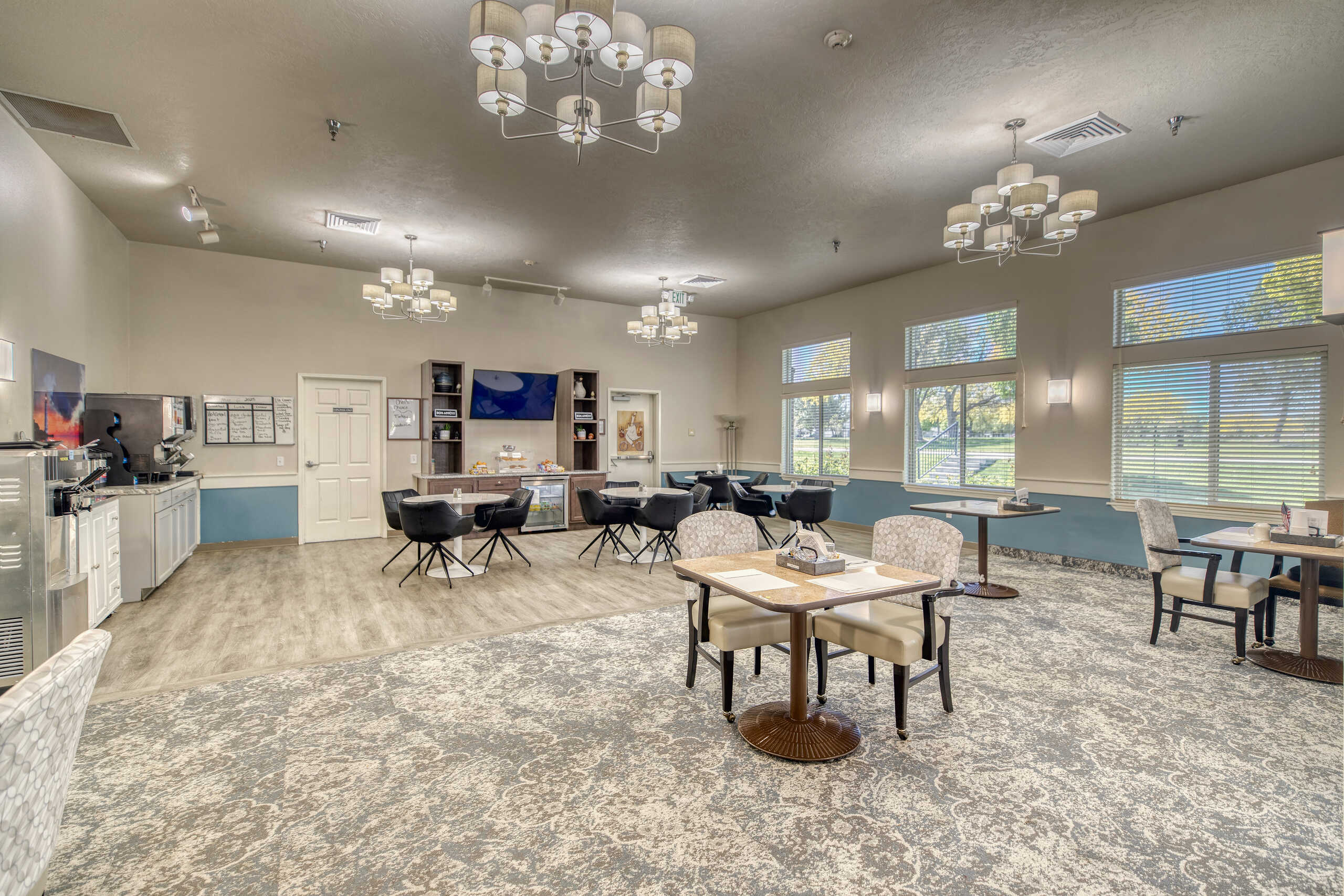Interior view of a modern common area with seating