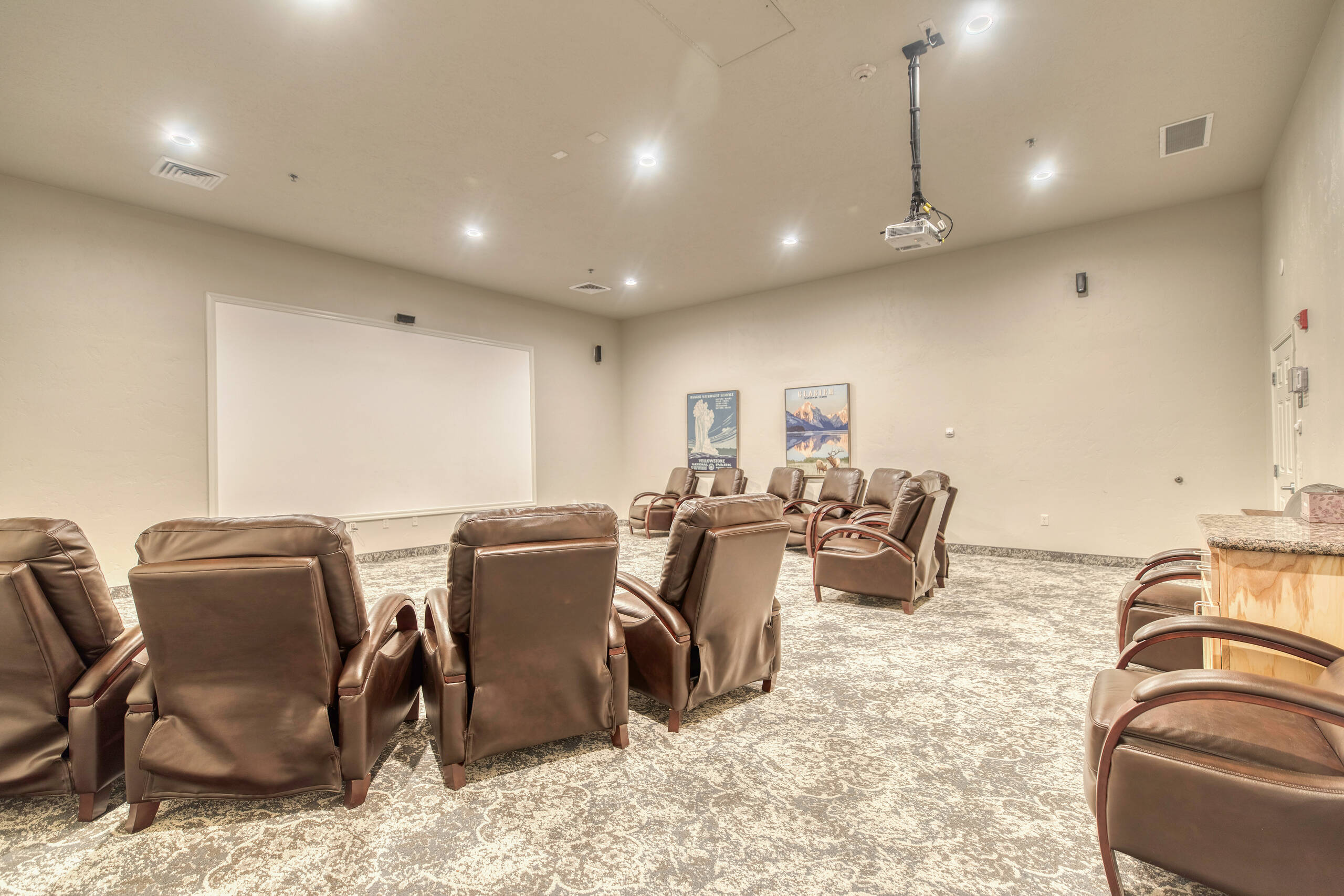 Interior view of a shared social space with recliners