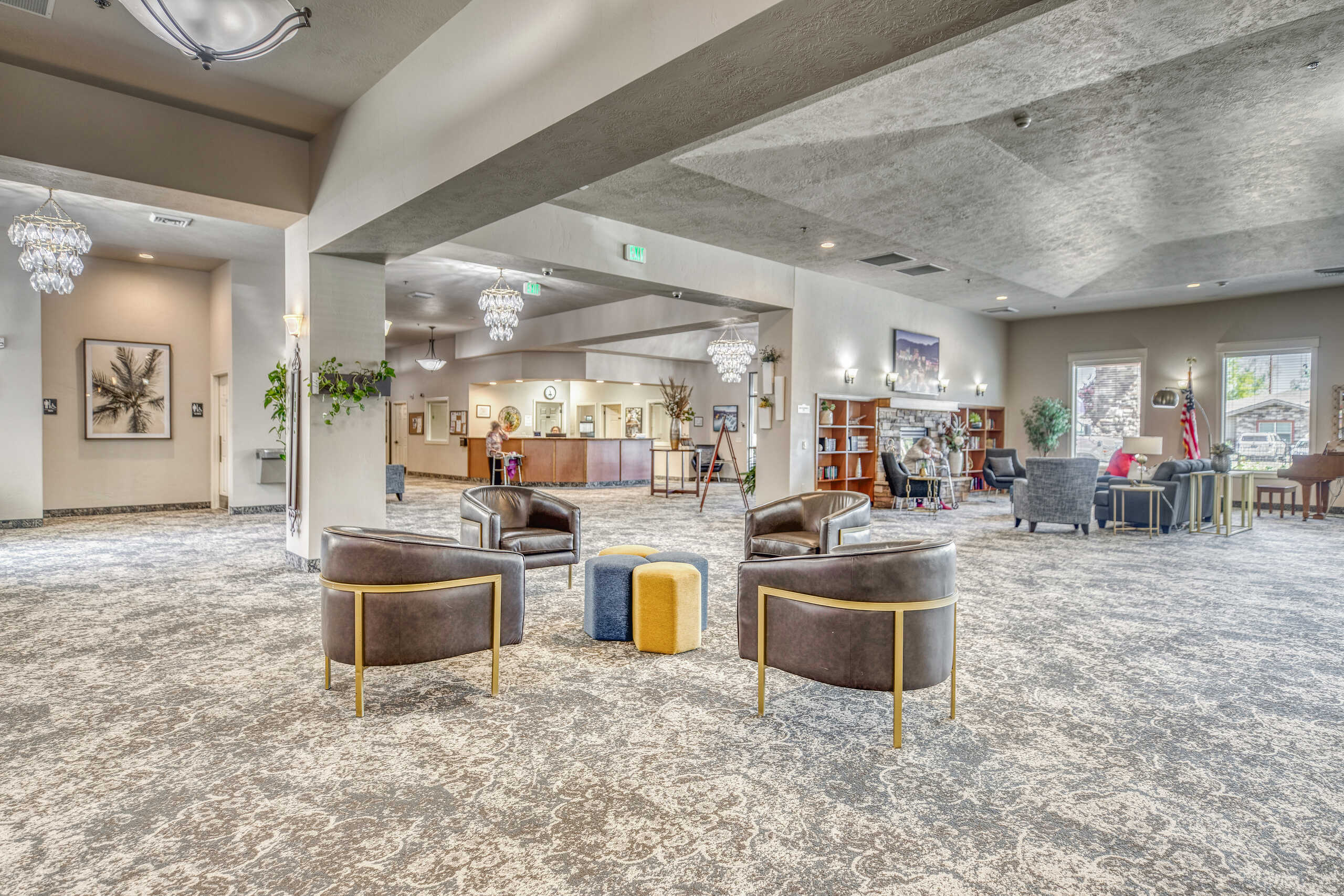 Bright common area with seating and decor