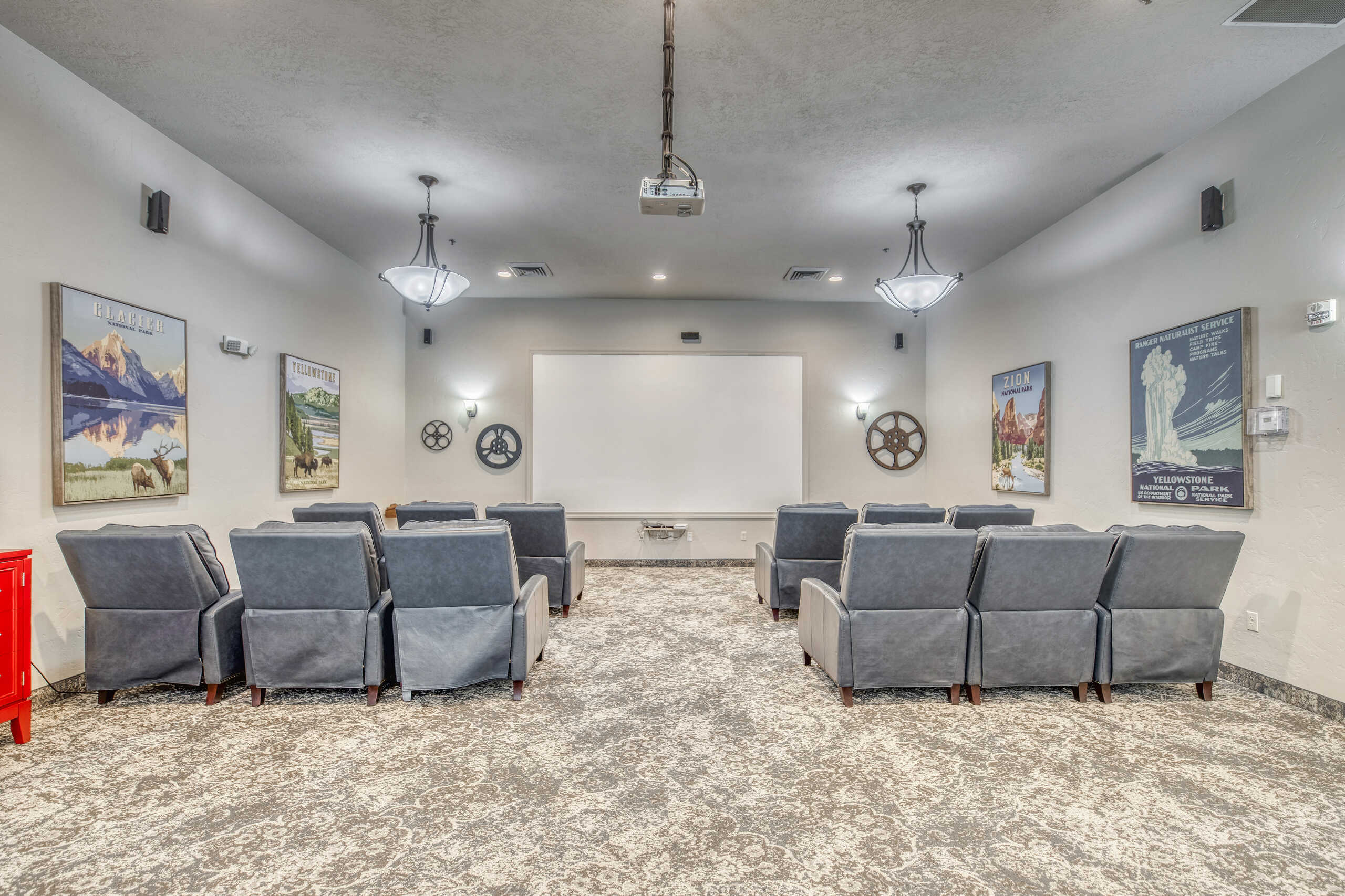 Interior view of a theater room with seating