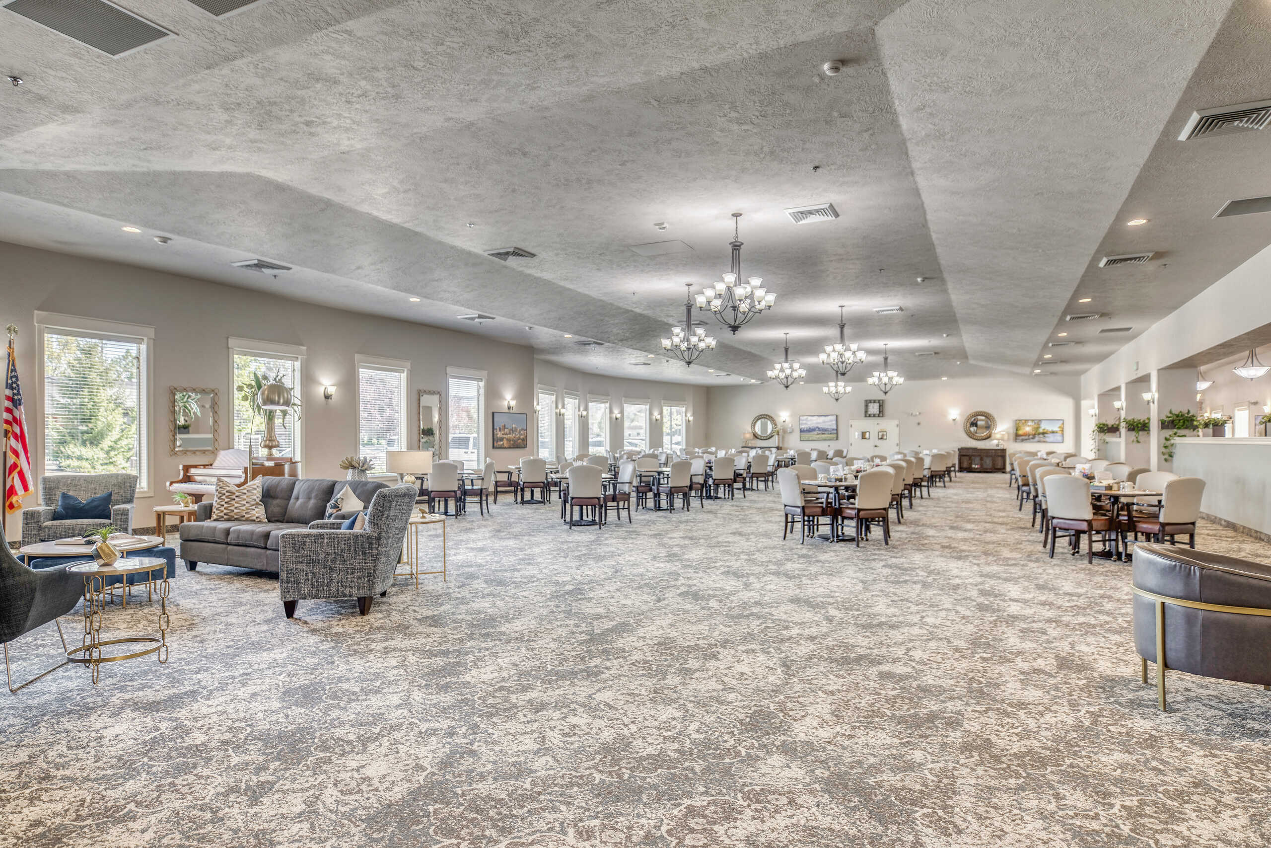 Interior view of a spacious dining area with seating