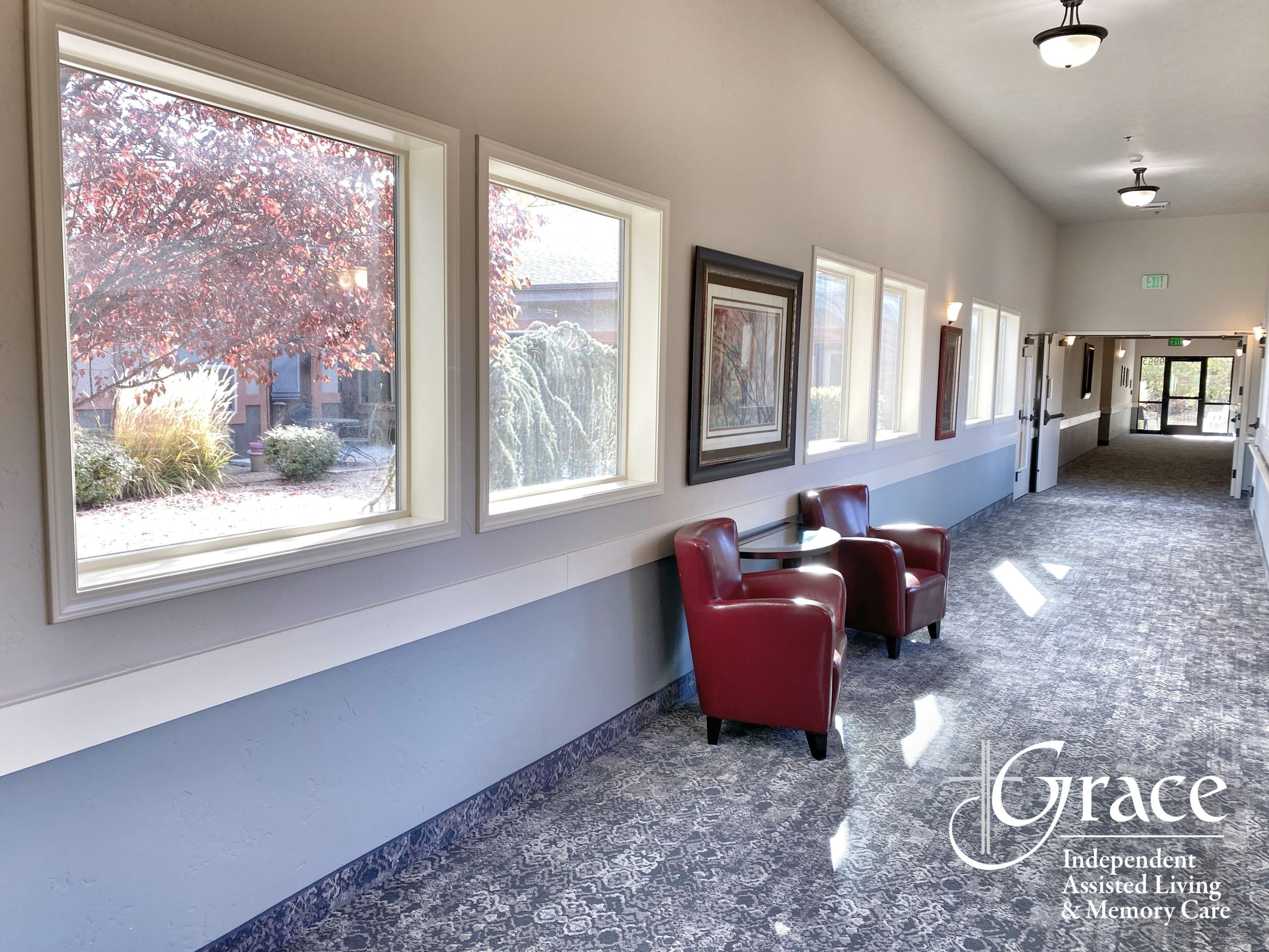 Interior hallway with seating and large windows