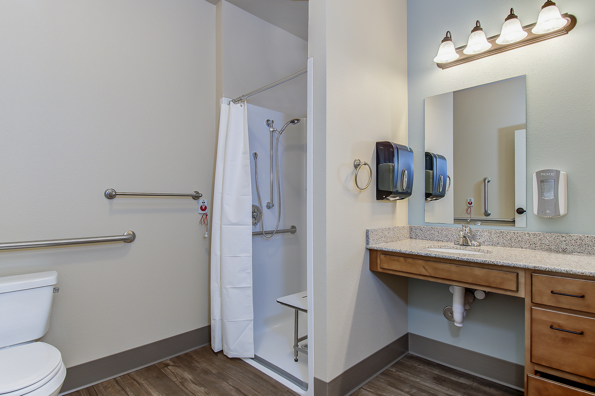 Modern assisted living bathroom with safety features