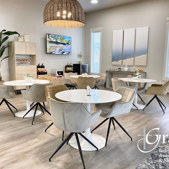 Bright dining area with modern tables and chairs