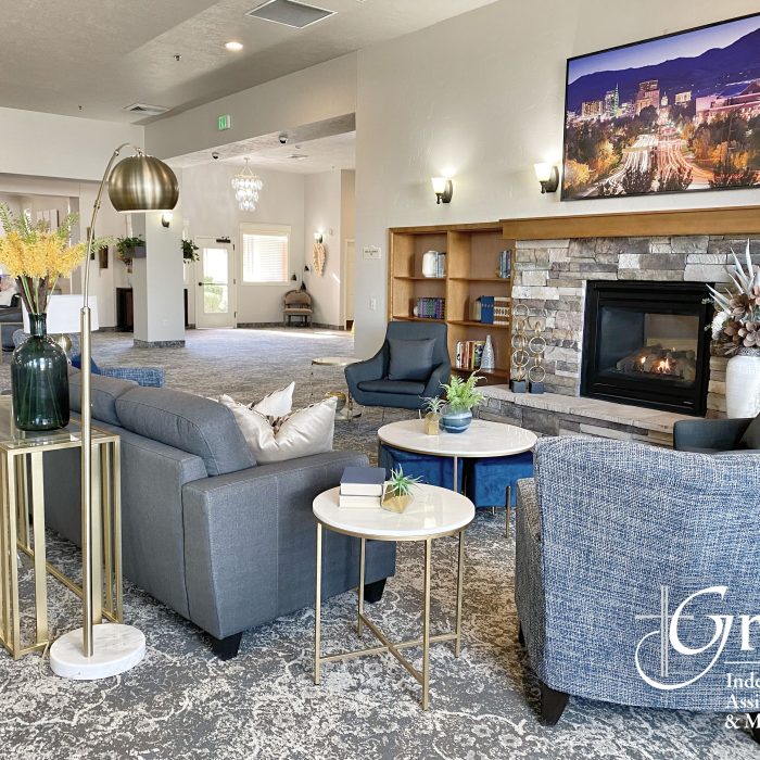 Common area with comfortable seating around a fireplace