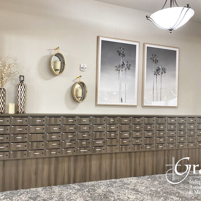 Interior decor featuring mailboxes and artwork