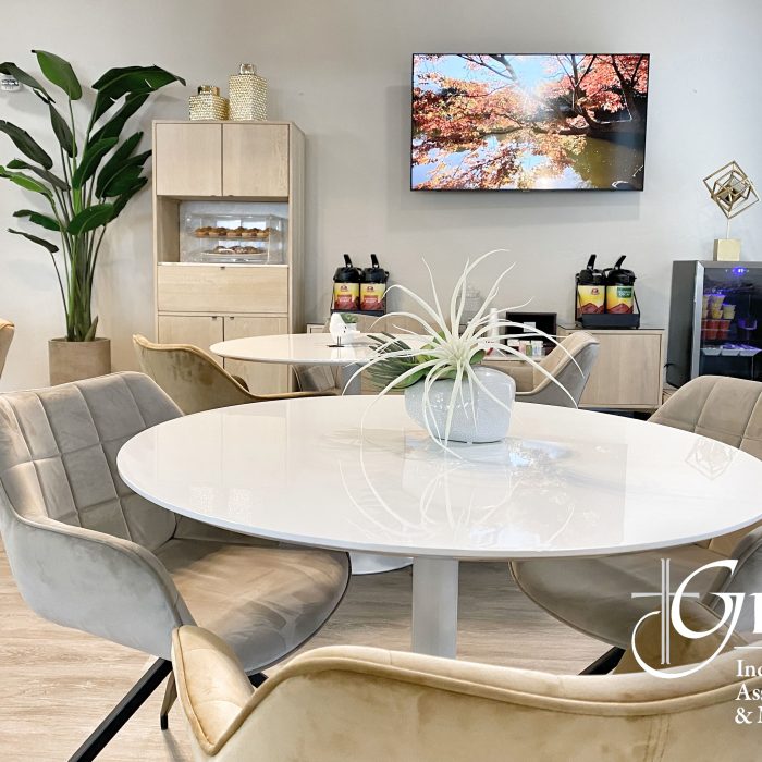 Bright dining area with modern decor and seating