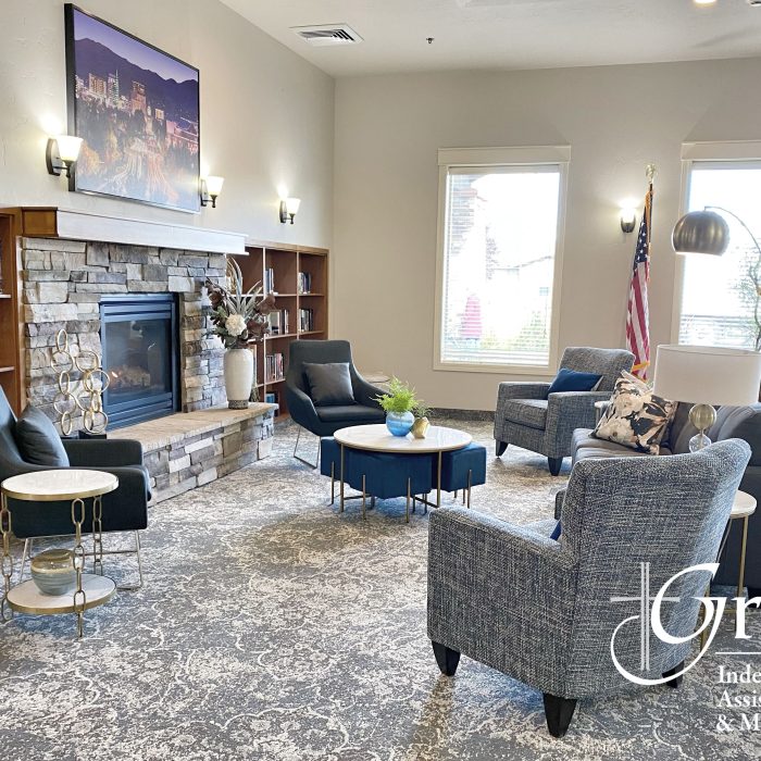 Cozy sitting area in the common room with a fireplace