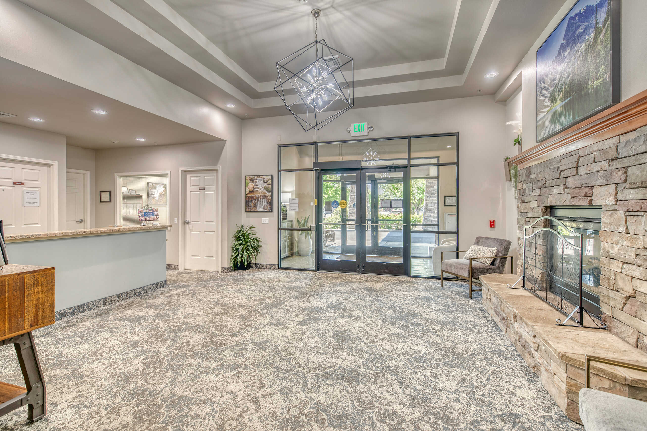 Interior lobby area with seating and decorative elements