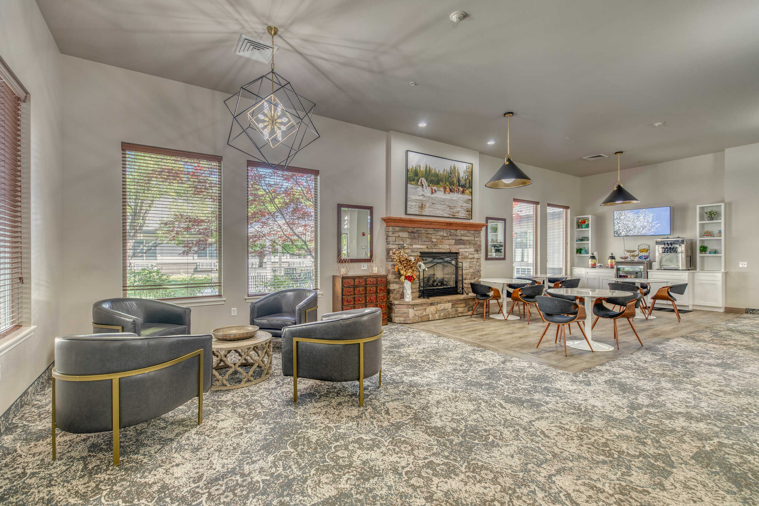 Common area with seating and fireplace