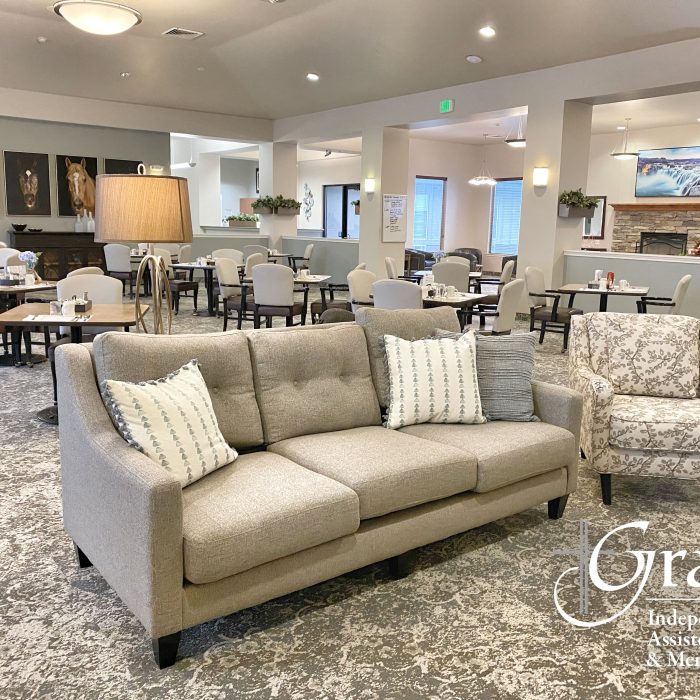 Interior view of a dining area with comfortable seating