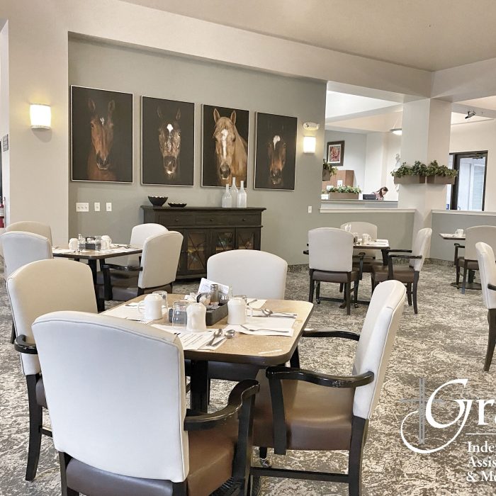 Dining area with tables set for a meal