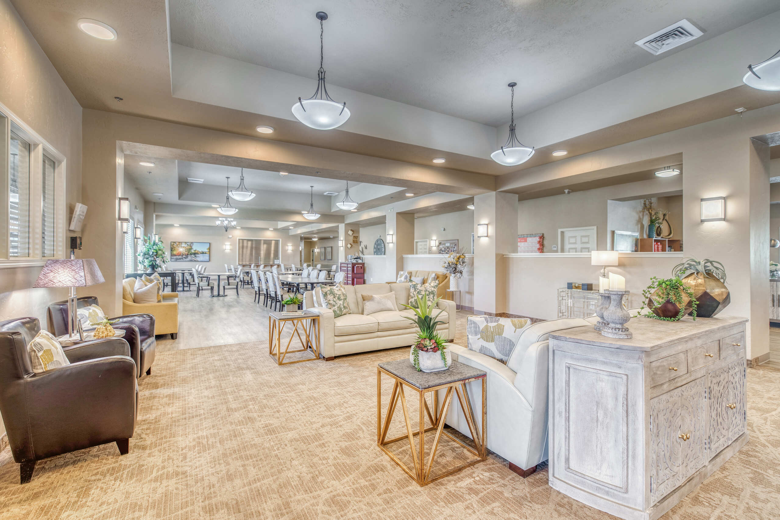 Bright common area with seating and decor